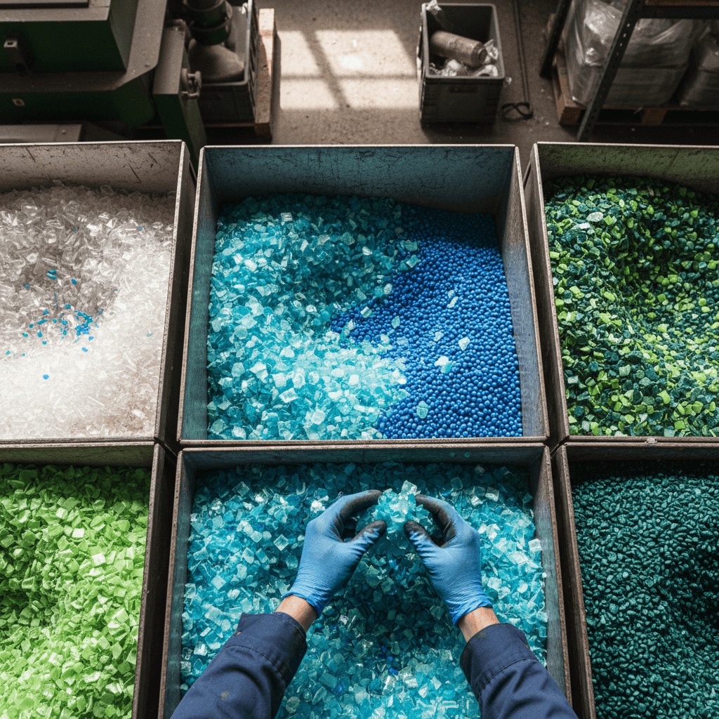 Sorted thermoplastic eyewear waste ready for processing at Reglass Corp facility