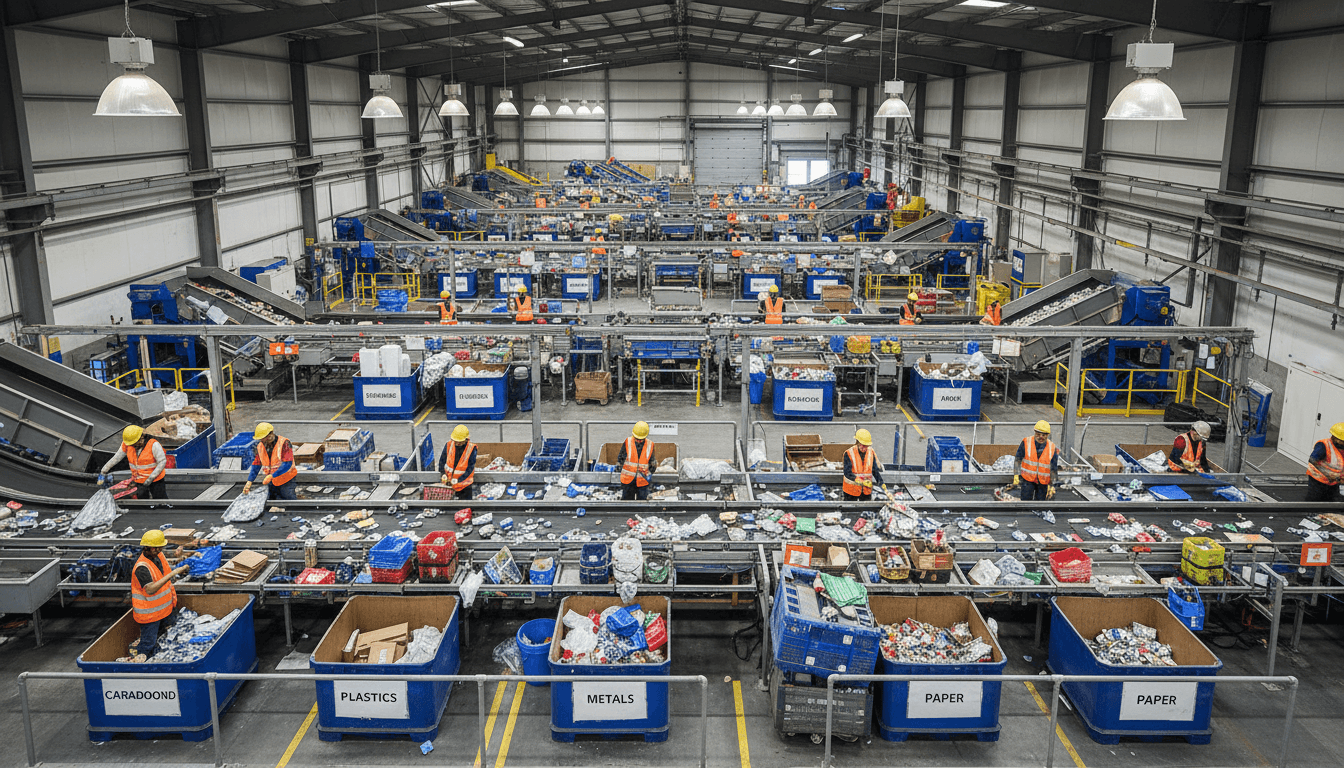 Thermoplastic waste materials being sorted and processed in a recycling facility