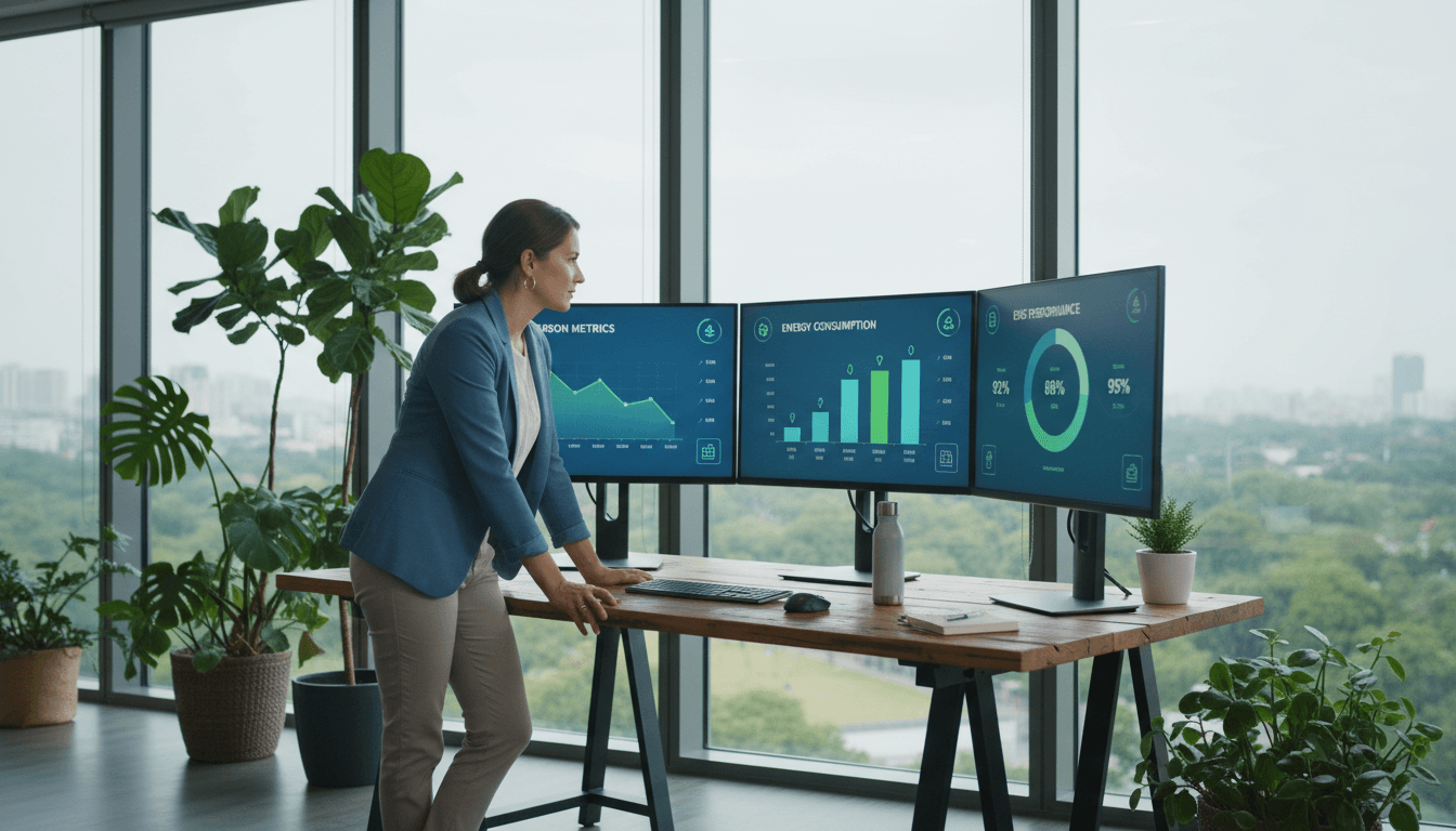 Team analyzing ESG data and sustainability metrics on screen
