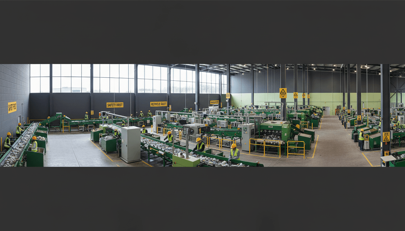 Industrial recycling facility processing thermoplastic materials with organized workflow and modern equipment